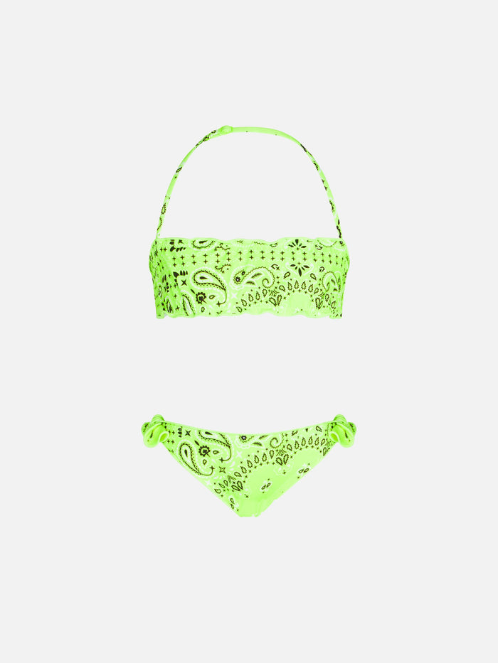Girl Bandeau Bikini With Fluo Yellow Bandanna Print __single__
