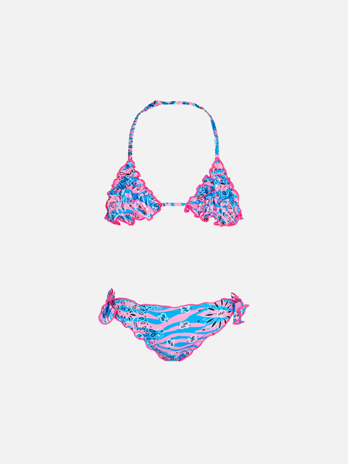 Girl Triangle Bikini With Zebra Bandanna Print Sky
