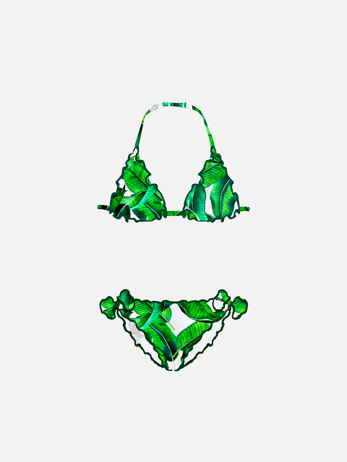 Girl Triangle Bikini With Tropical Print Brown