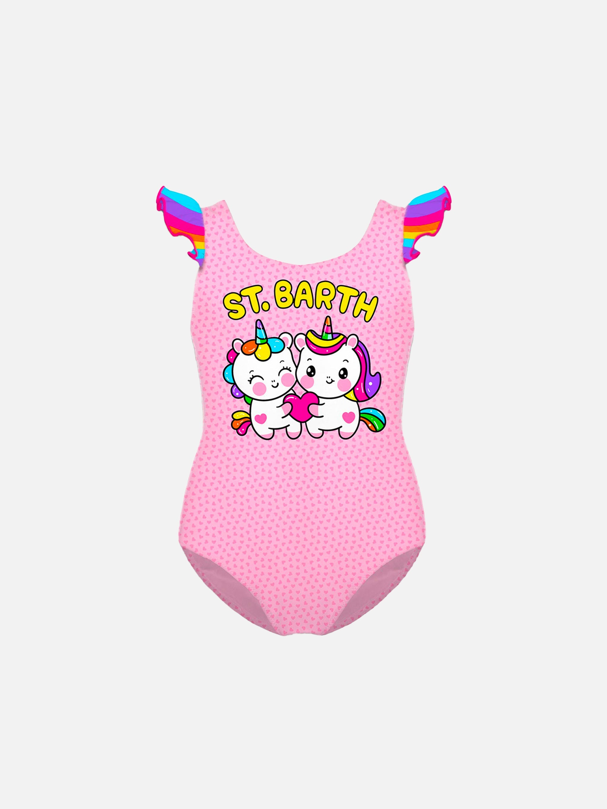 Girl Ruffled One Piece Swimsuit With Unicorn Print Pink
