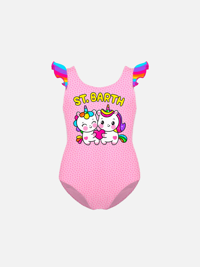 Girl Ruffled One Piece Swimsuit With Unicorn Print Pink