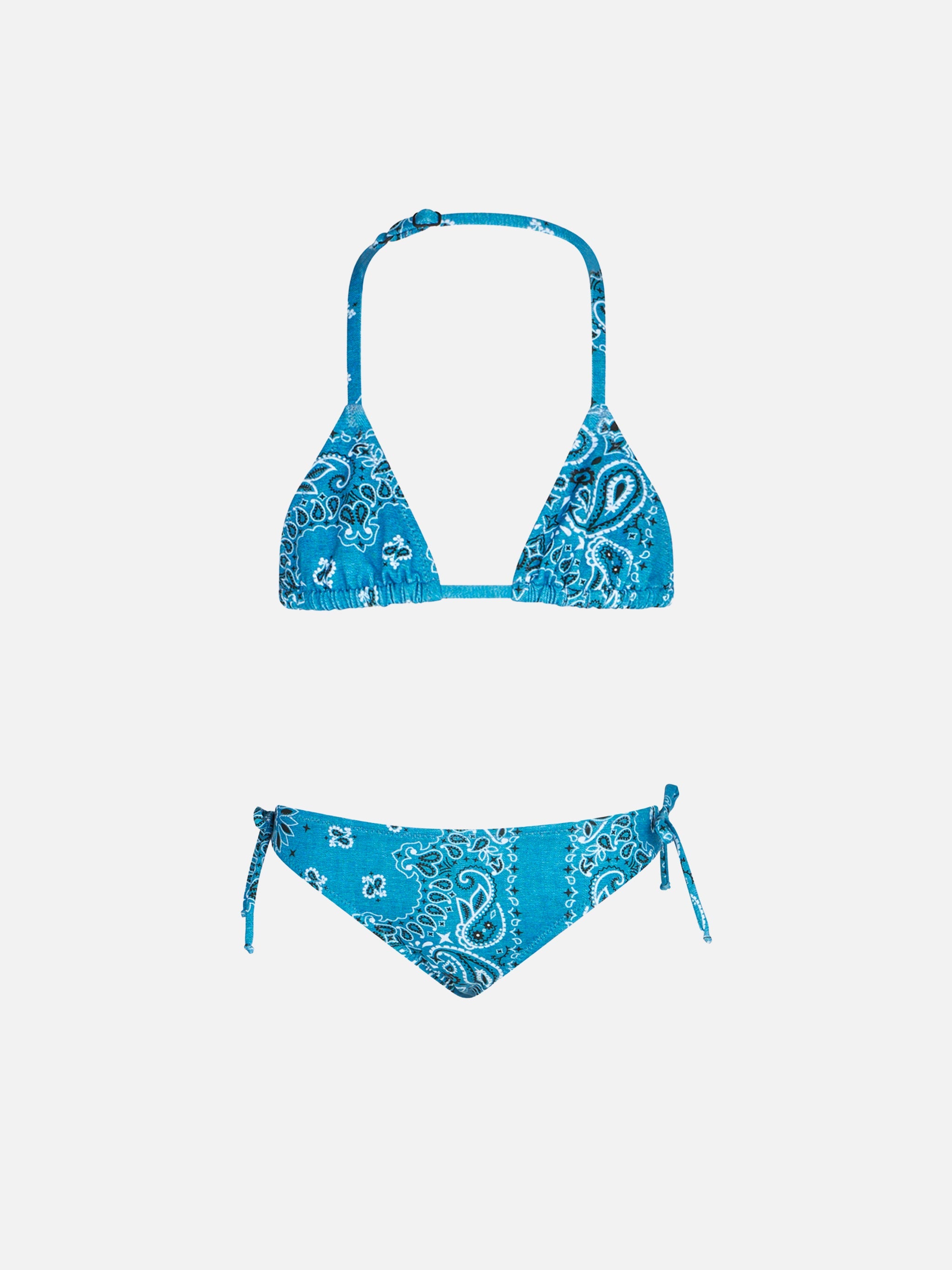 Girl Triangle Bikini With Denim Bandanna Print Sky