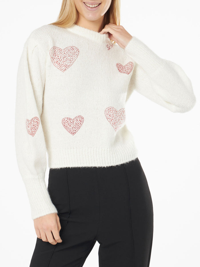 Bloom Soft White Brushed Sweater With Red Rhinestone Hearts