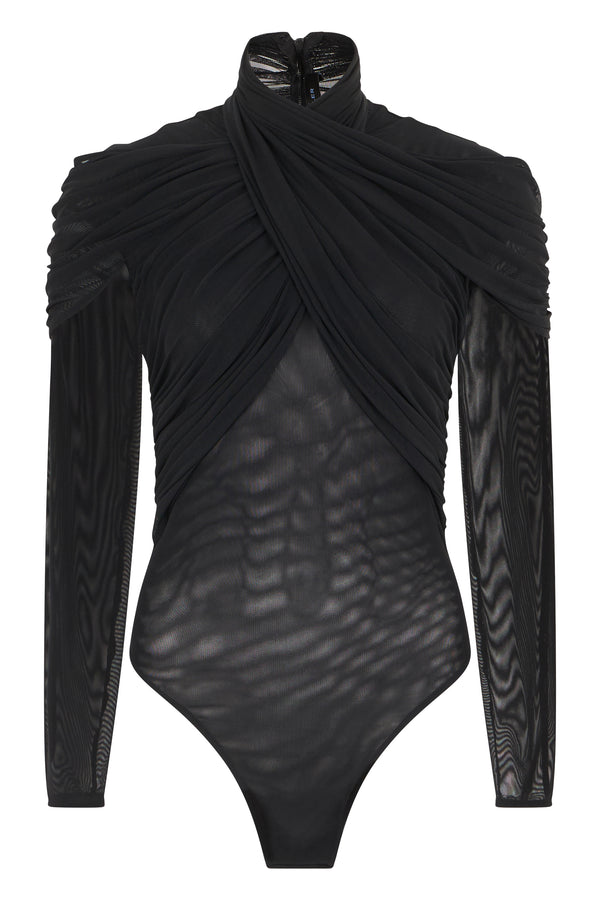 Long-Sleeve Mesh Bodysuit Black Polyamide Tops