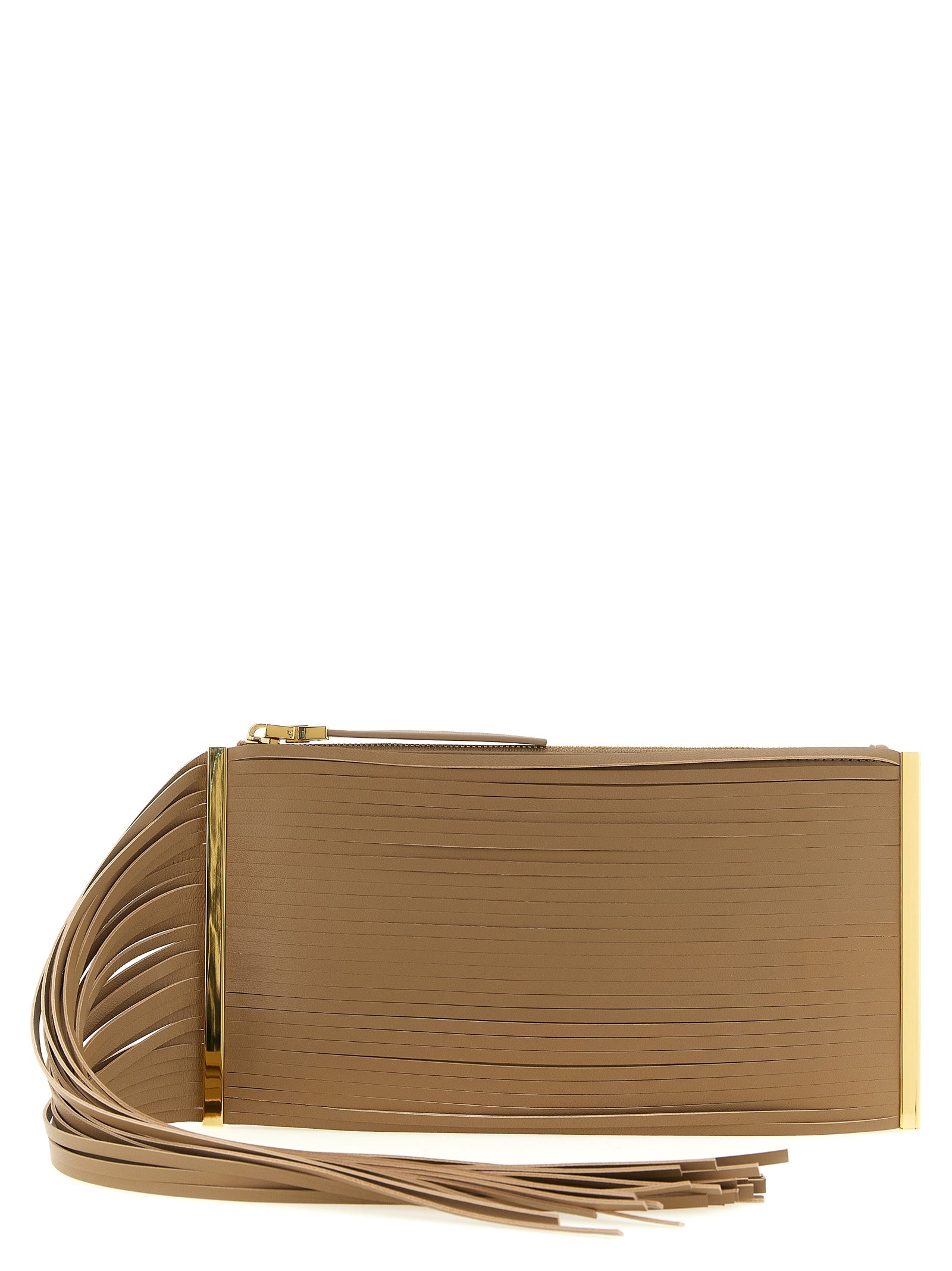 Fringed clutch Beige Leather