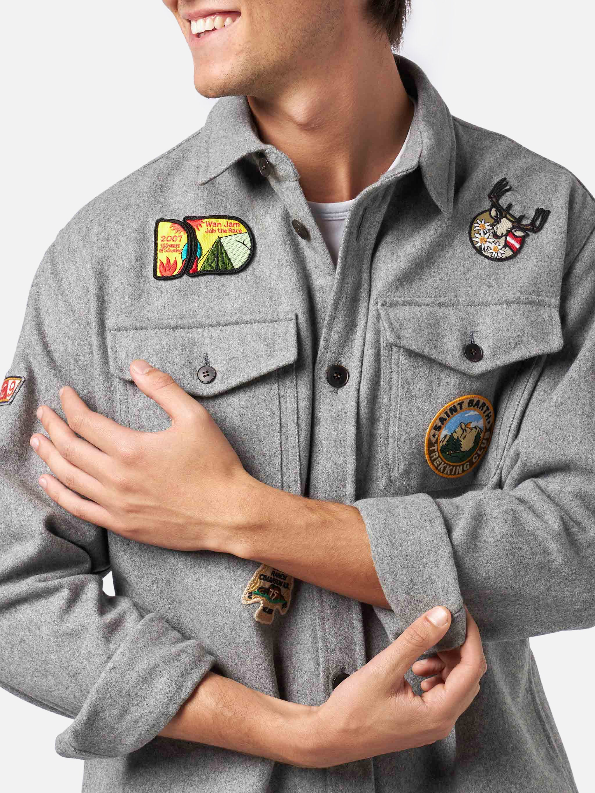 Man Wooly Grey Overshirt With Pockets And Patches Shirt
