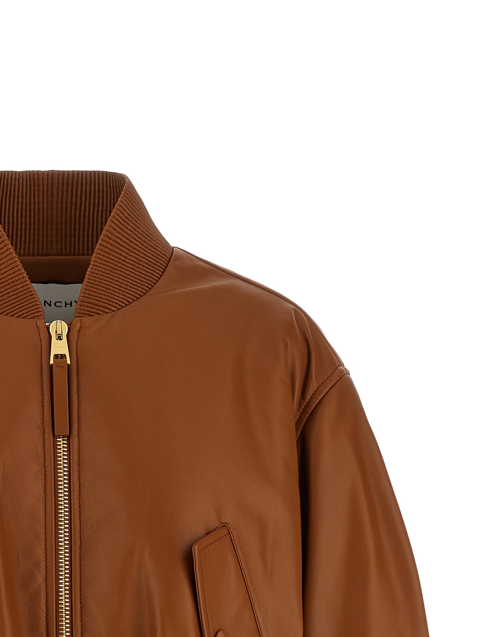 Cropped Bomber Jacket Brown Lamb Leather (ovis Aries) Down Jacket, Parka, Casual