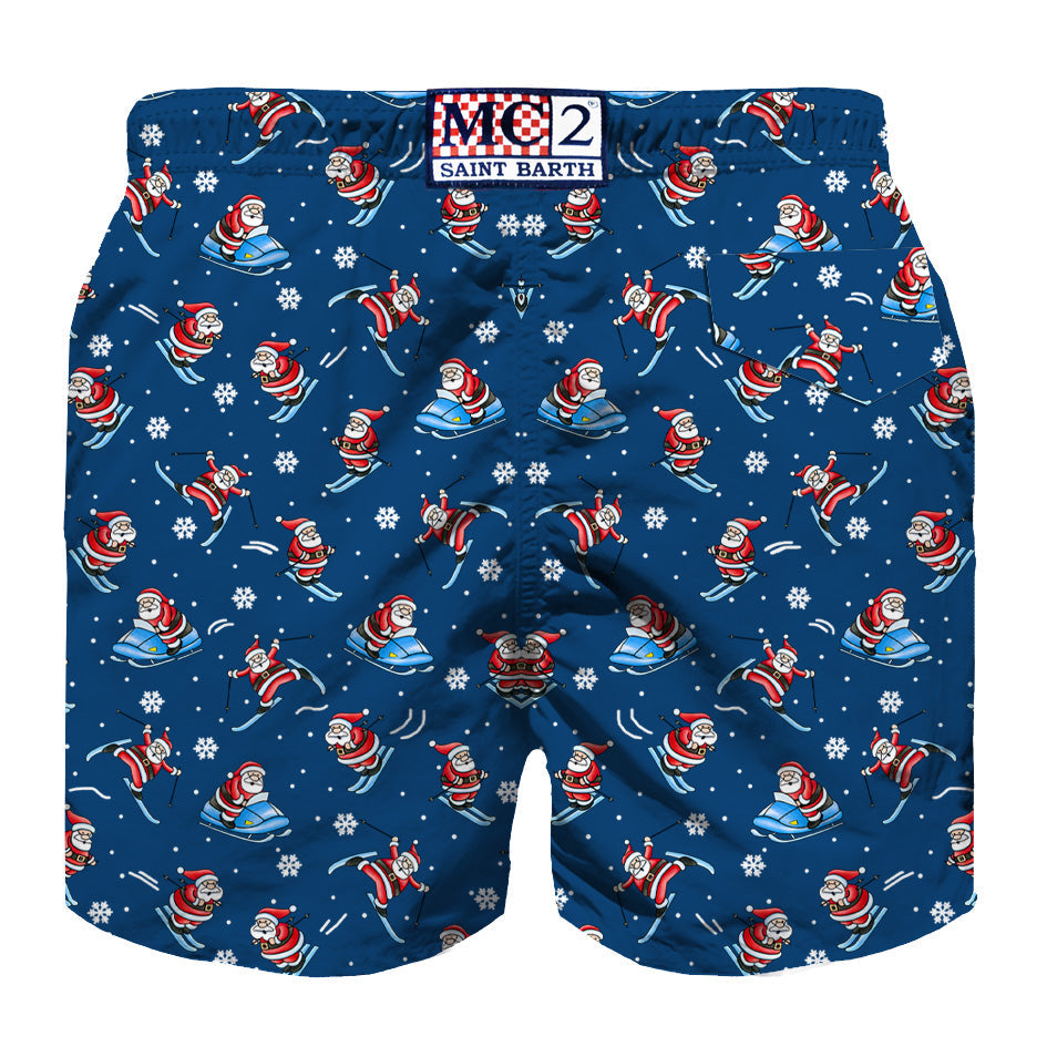 Boy Light Fabric Swim Shorts With Happy Santa Claus Print Blue Swimshort