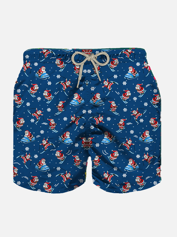 Boy Light Fabric Swim Shorts With Happy Santa Claus Print Blue Swimshort