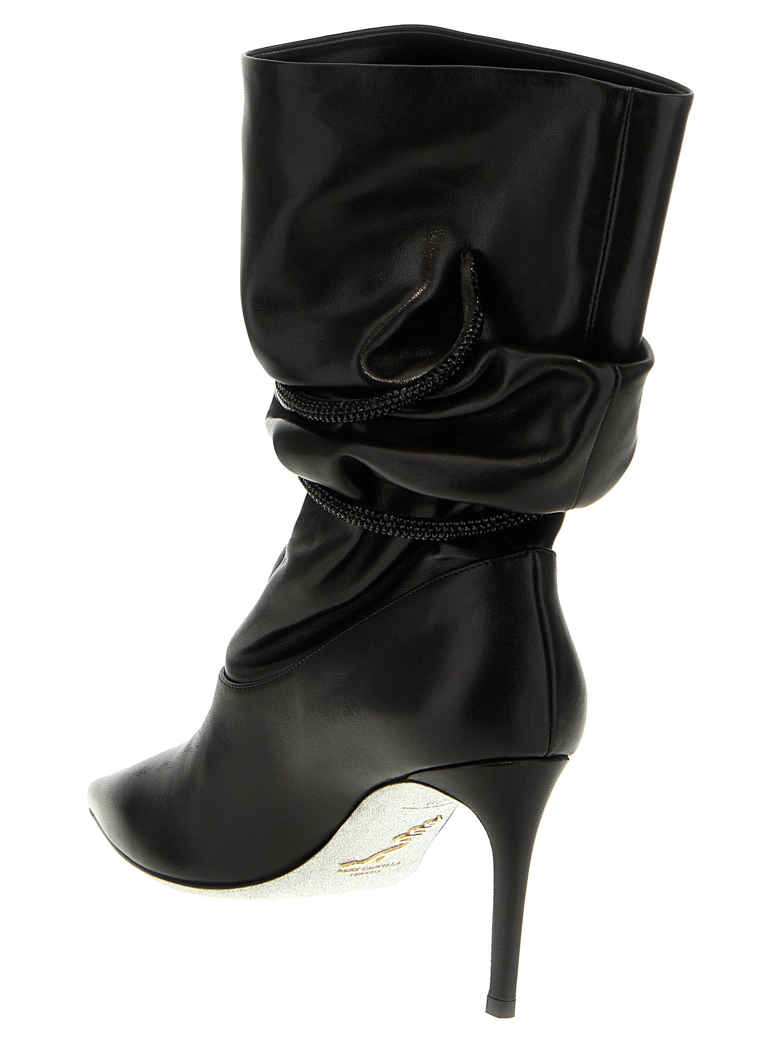 Rhinestone nappa ankle boots Black Lamb Leather Satin Boots