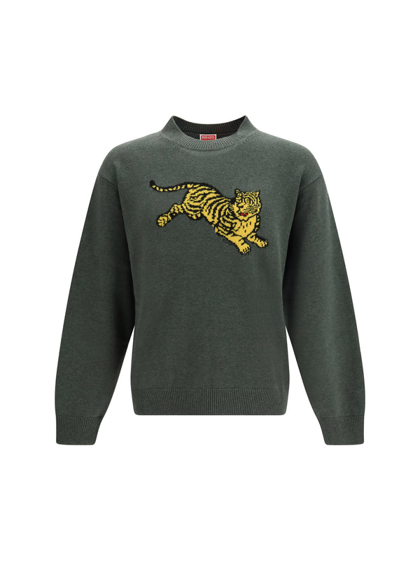 Kenzo Jumping Tiger Cotton Sweatshirt Dark Khaki Knitwear