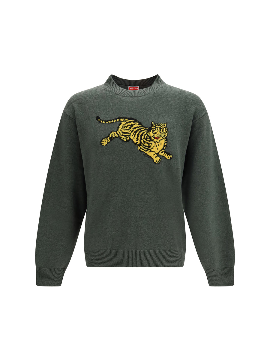 Kenzo Jumping Tiger Cotton Sweatshirt Dark Khaki Knitwear