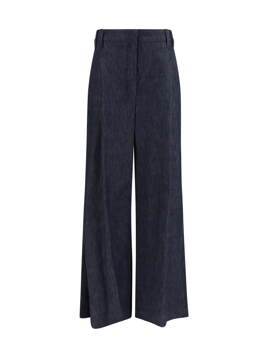 Denim Effect Twill Wide Pants Blu Cotton Jean