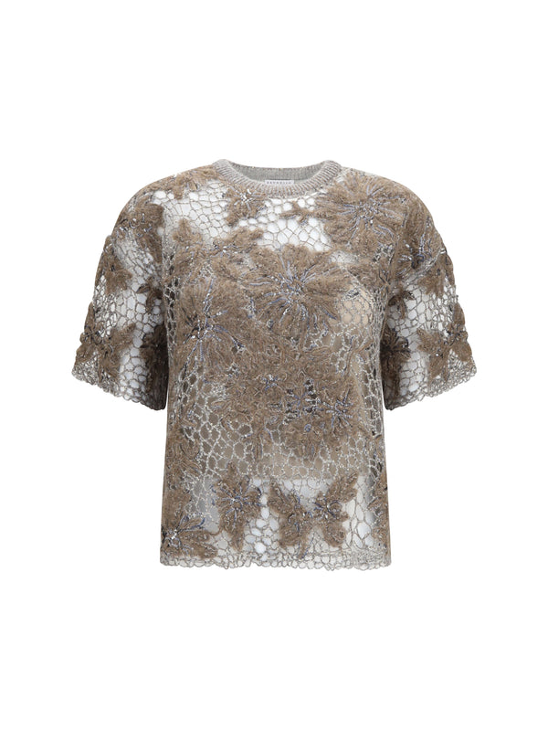 Crew-Neck Top With Floral Embroidery And Sequins Beige Scuro T-shirts