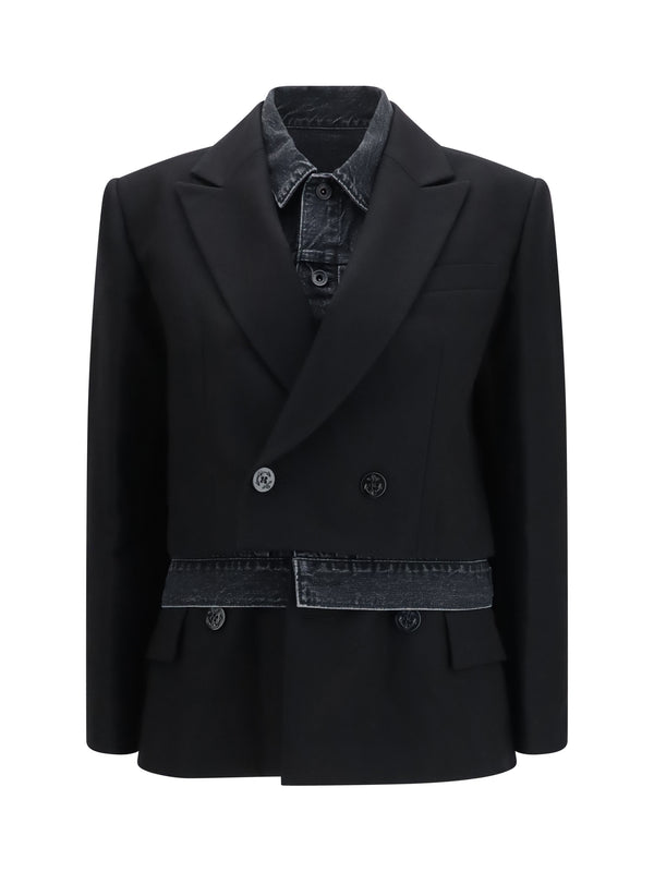 Wool Flannel And Denim Jacket Black Ovis Aries; Cotton