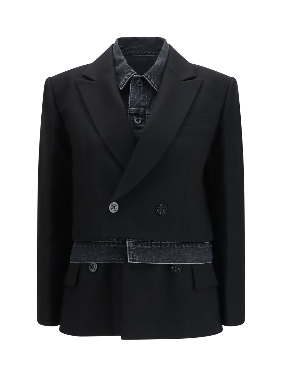 Wool Flannel And Denim Jacket Black Ovis Aries; Cotton