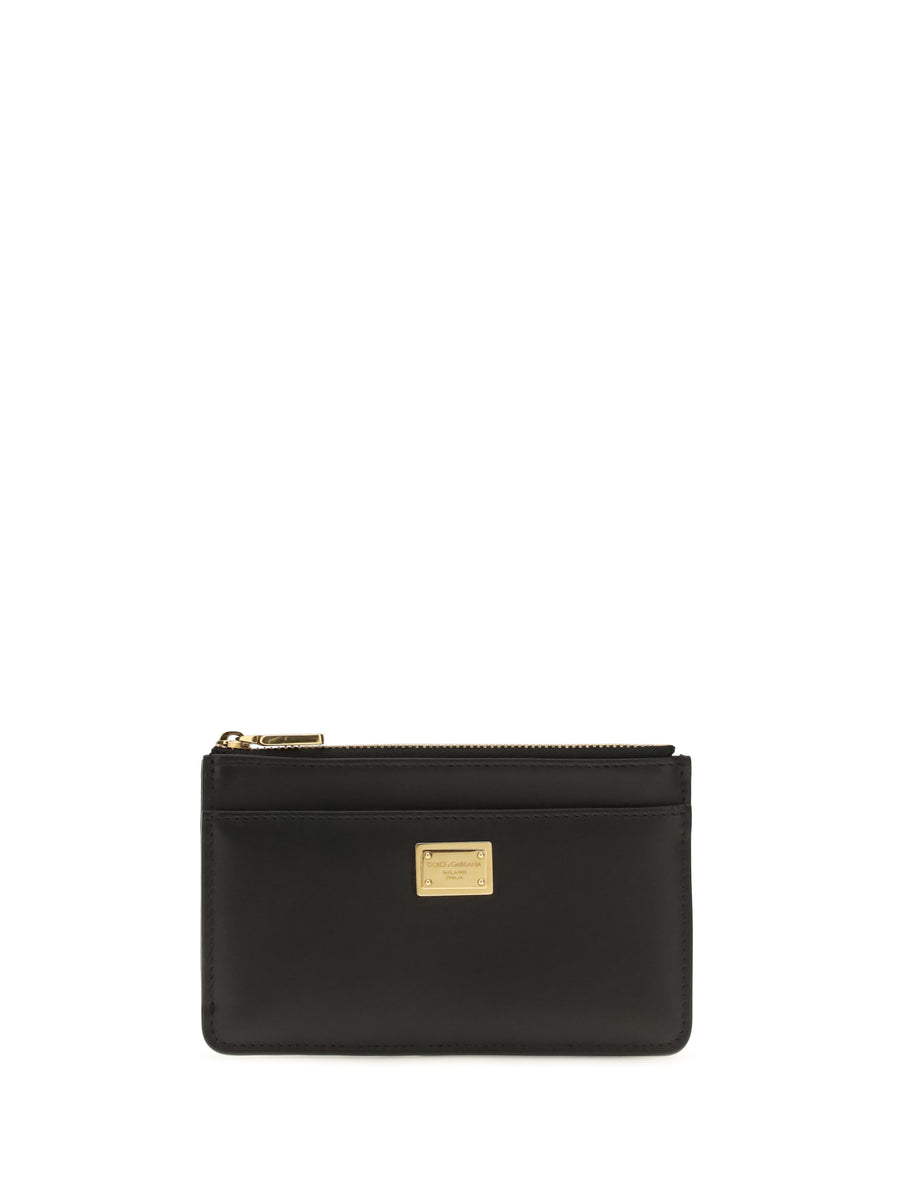 Card Holder With Zip - Black Calf Leather Wallets & Purses
