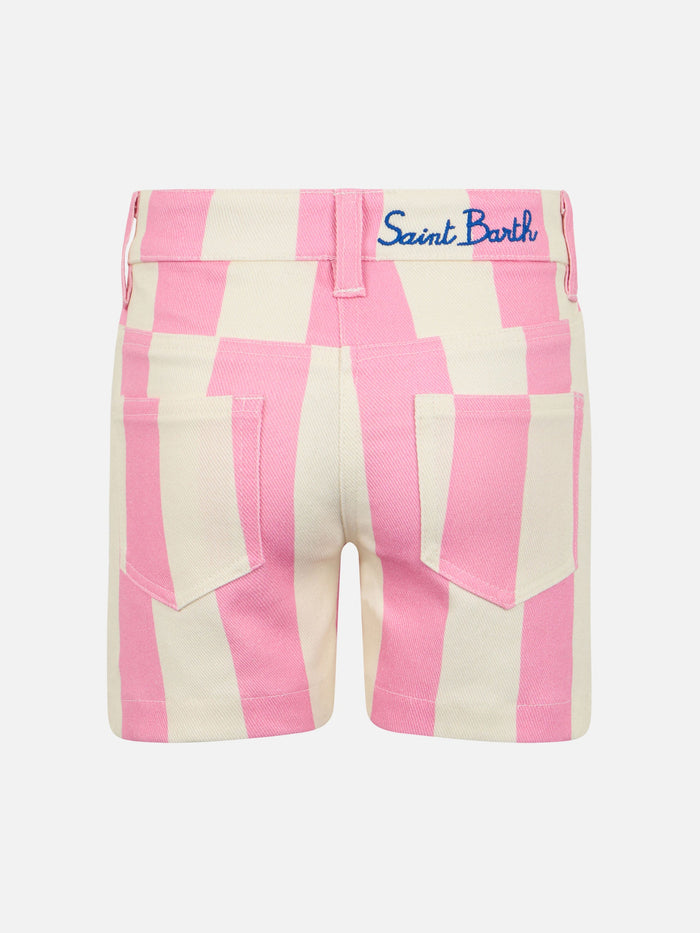Girl Pink Striped Print Denim Bermuda Cancun Short Pant