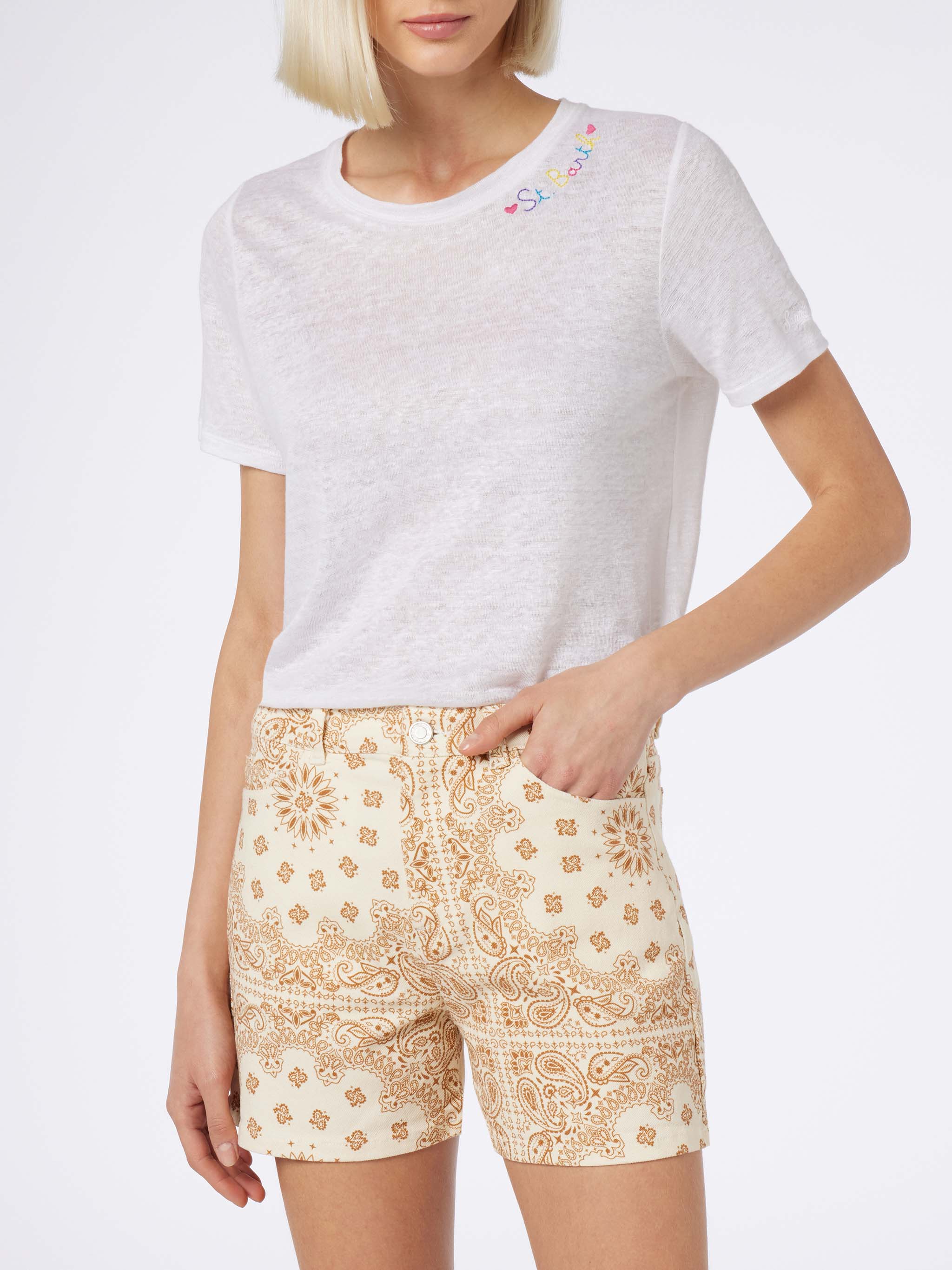 Cancun Bandanna Print Denim Bermuda Shorts White Pant