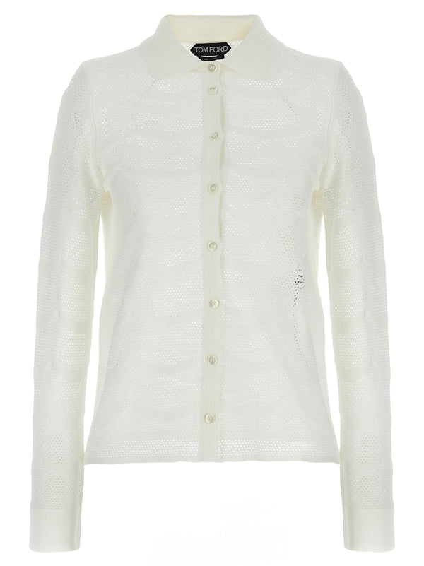 Tom Ford Cotton blend and openwork crocheted silk cardigan in cream