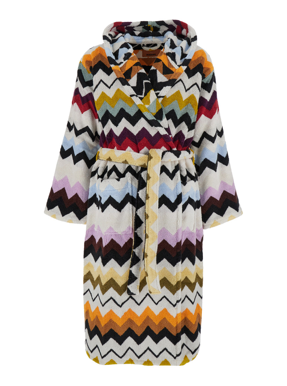 Murrina Multicolor Bathrobe With Hood And All-Over Zigzag Motif Cotton Home Bathrobes