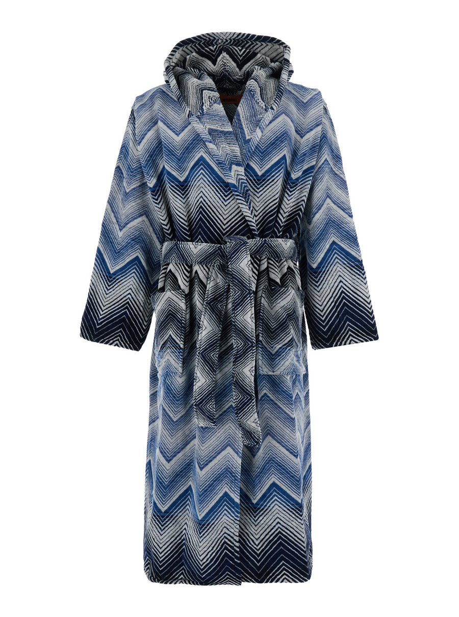 Hooded Bathrobe Zigzag Blue Cotton Towels & Bath Robes