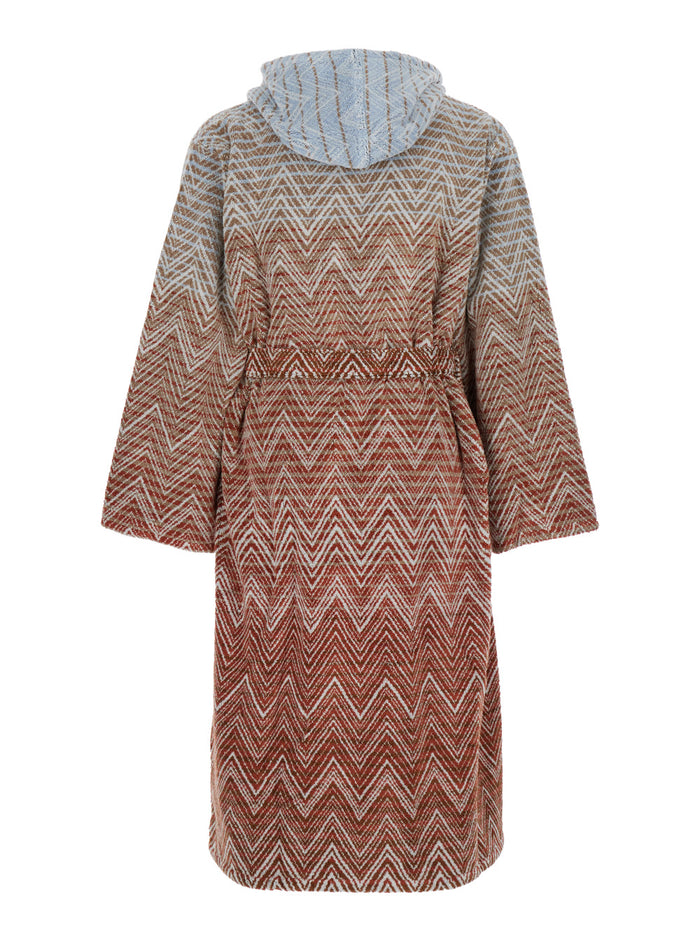 Stone Red Bathrobe With Hood And All-Over Zigzag Motif Cotton Home Bathrobes