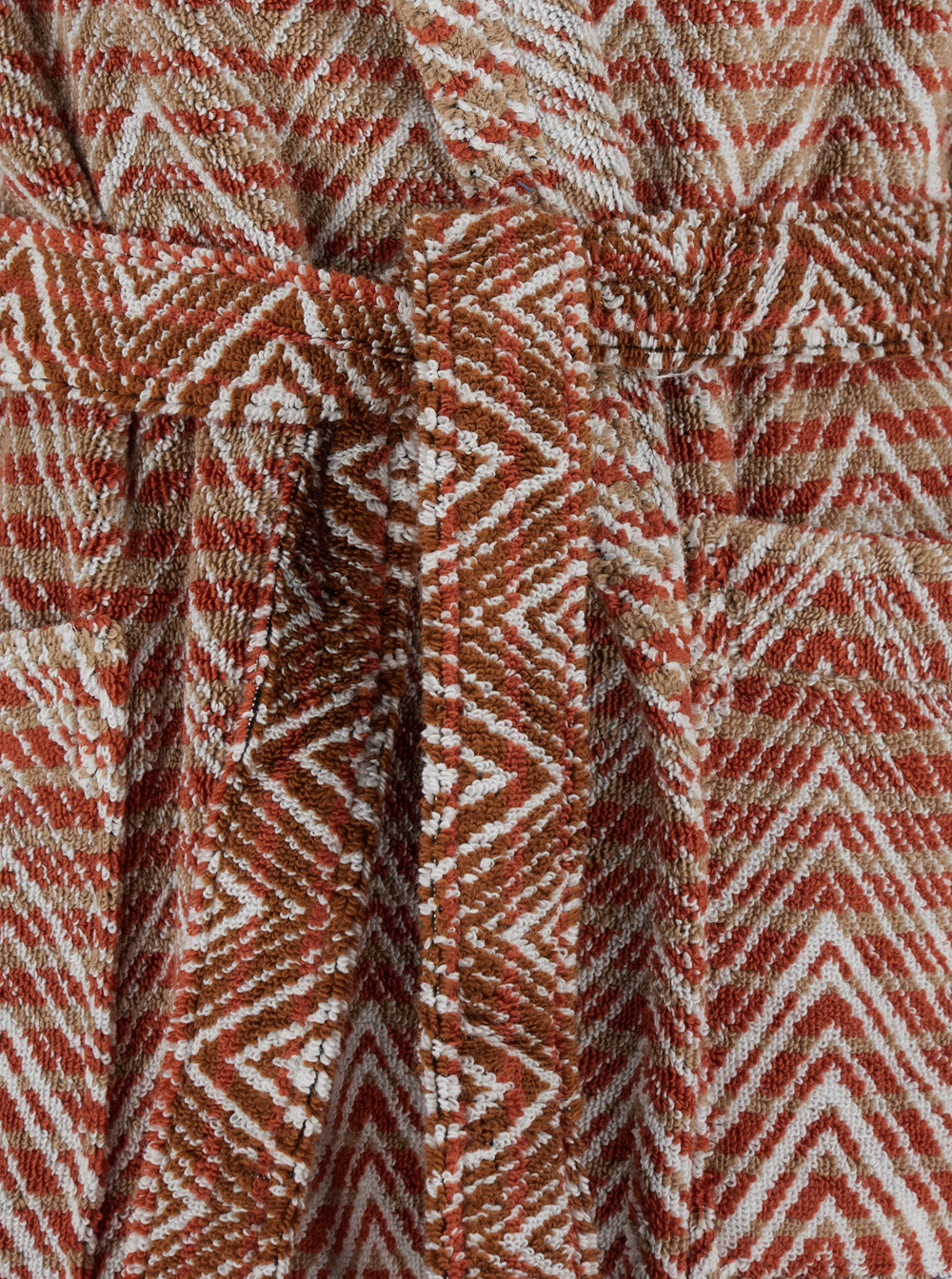 Stone Red Bathrobe With Hood And All-Over Zigzag Motif Cotton Home Bathrobes