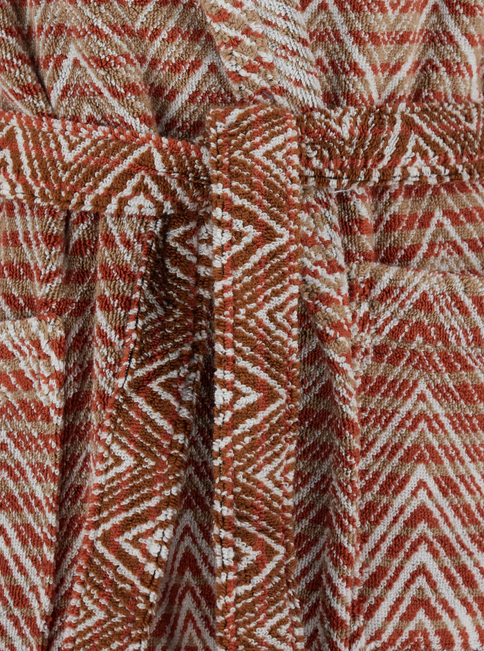 Stone Red Bathrobe With Hood And All-Over Zigzag Motif Cotton Home Bathrobes