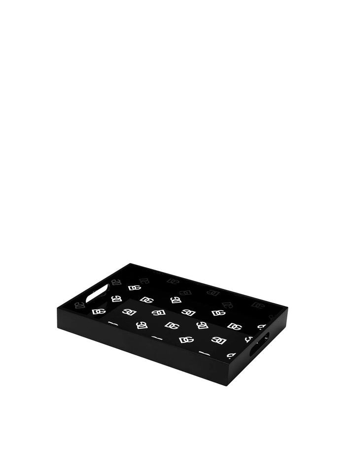 Black Rectangular Tray With All-Over Logo Print Lacquered Wood Home Trays