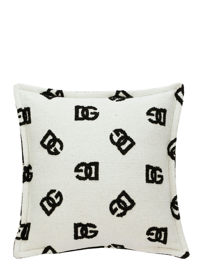 Black And White Square Cushion With All-Over Logo Motif Cotton Home White/black Cushions