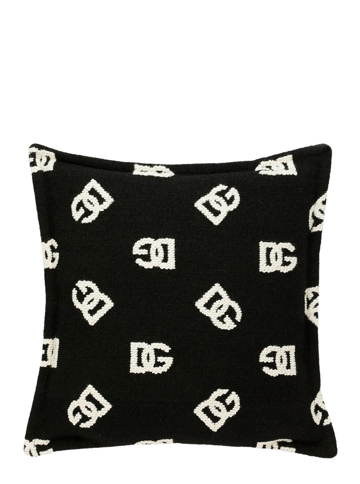Black And White Square Cushion With All-Over Logo Motif Cotton Home White/black Cushions