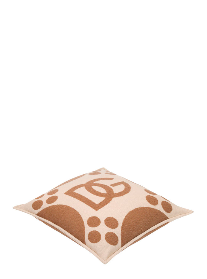 Brown Square Cushion With Graphic Print And Logo On The Front Wool Home Cushions