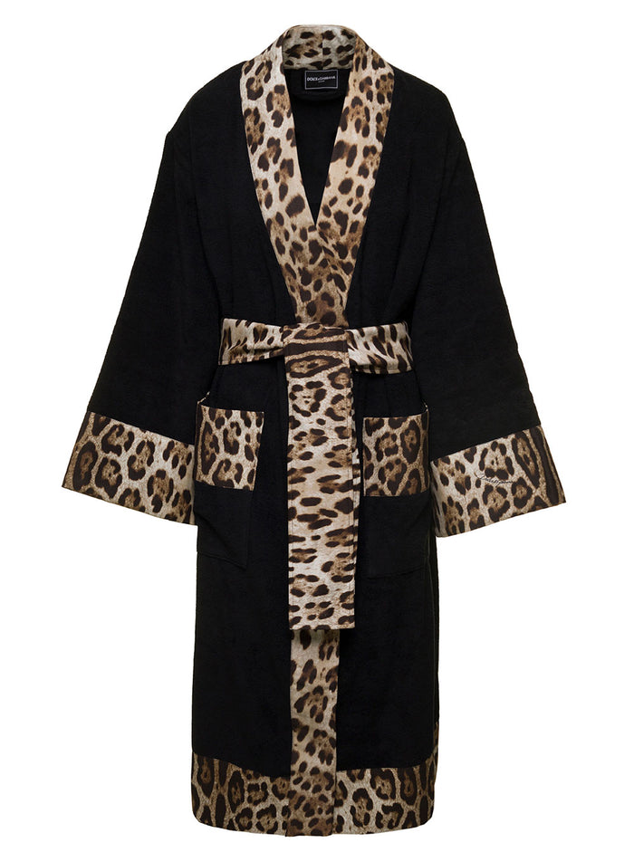 Black Kimono Bathrobe With Leopard Trim Cotton Dolce & Gabbana Bathrobes