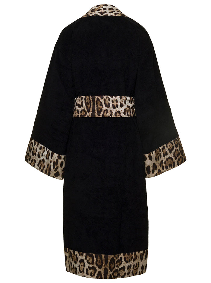 Black Kimono Bathrobe With Leopard Trim Cotton Dolce & Gabbana Bathrobes