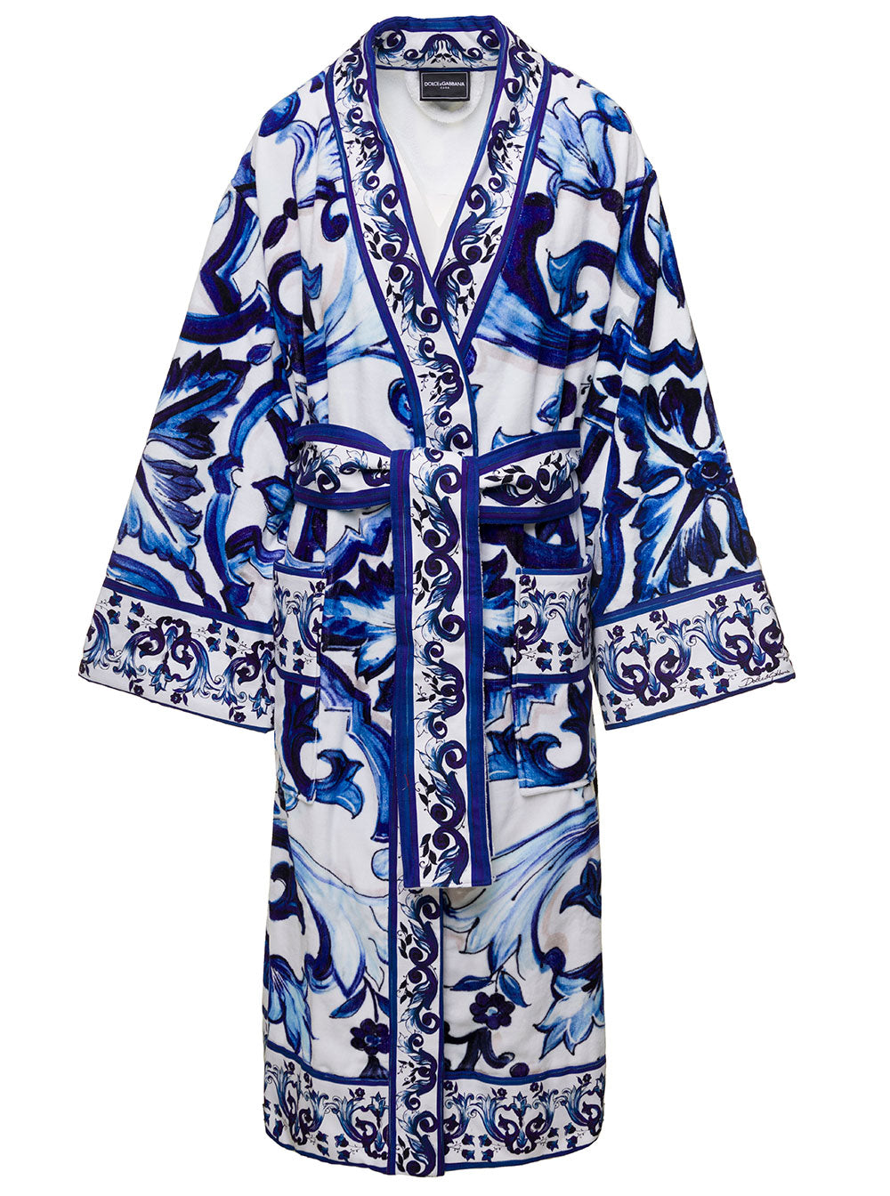 Multicolor Kimono Bathrobe With All-Over Blu Mediterraneo Print Cotton Dolce & Gabbana Bathrobes