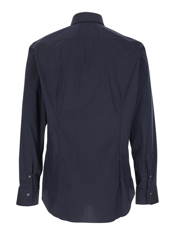 Blue Shirt with Classic Collar in Cotton Blend Stretch Man Blu Polyamide Elastane And Blouses