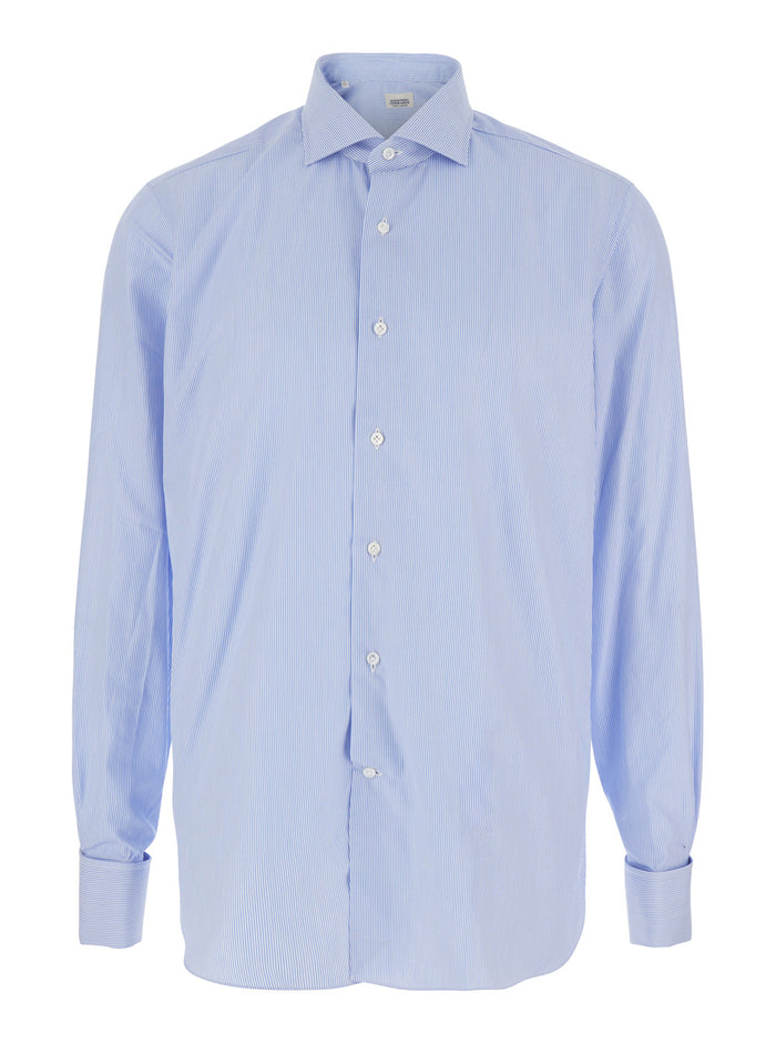 Light Blue Shirt with Classic Collar and All-Over Striped Motif in Cotton Man Blouses