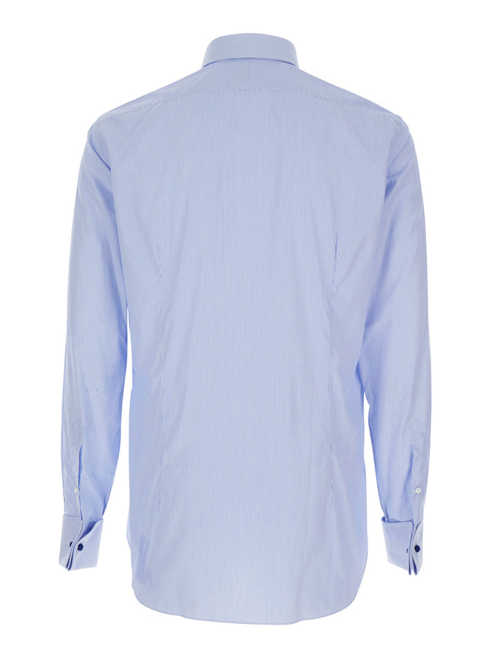 Light Blue Shirt with Classic Collar and All-Over Striped Motif in Cotton Man Blouses