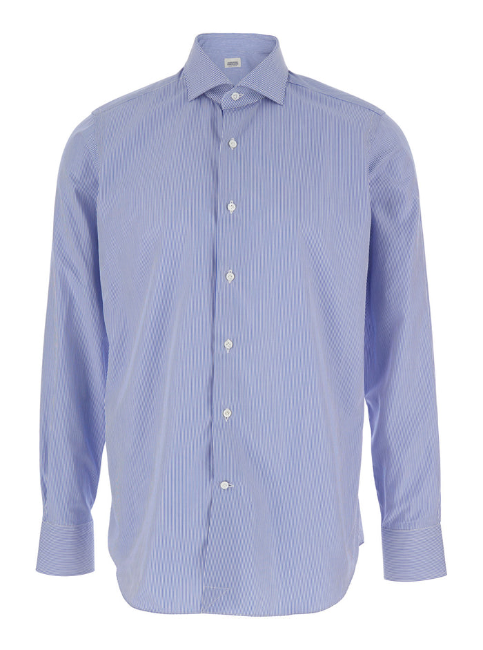 Blue Shirt with Classic Collar and All-Over Striped Motif in Cotton Man Light Blouses