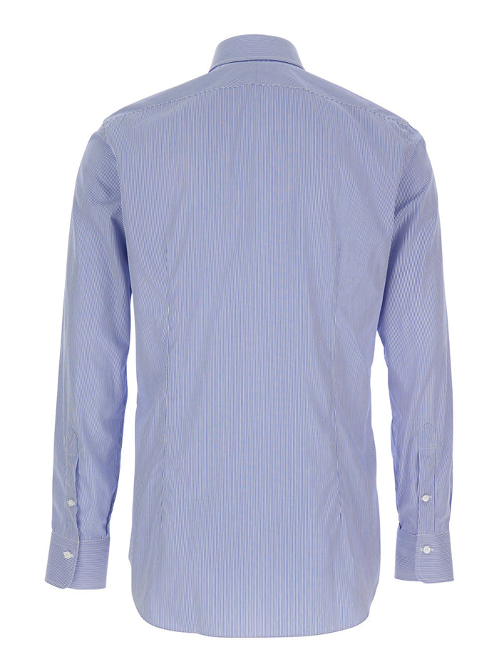 Blue Shirt with Classic Collar and All-Over Striped Motif in Cotton Man Light Blouses
