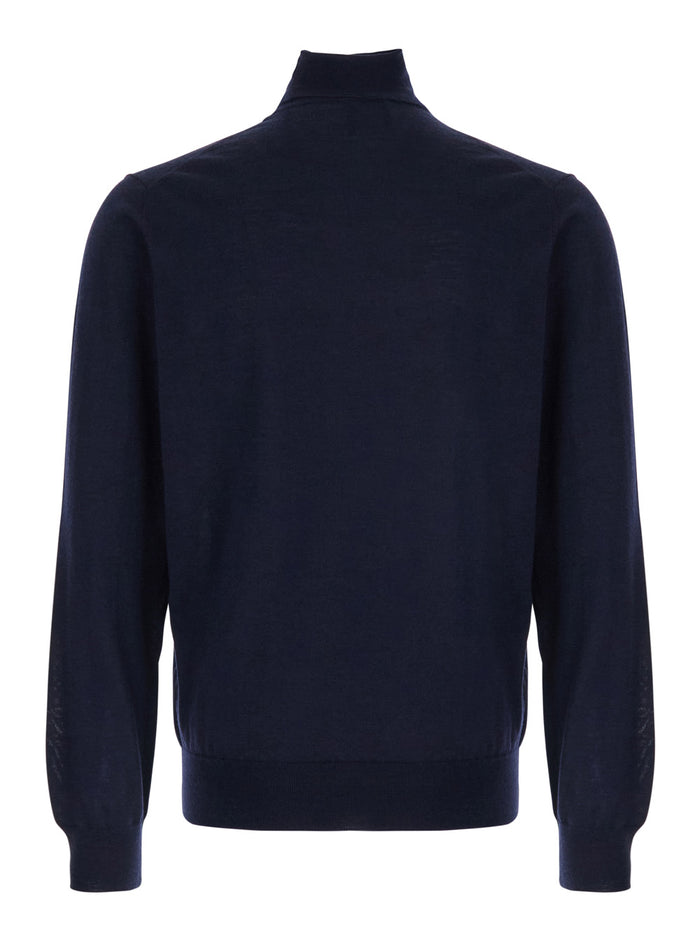 Blue Turtleneck Sweater in Merino Wool and Silk Blend Man Blu Merinos Cashmere Jersey