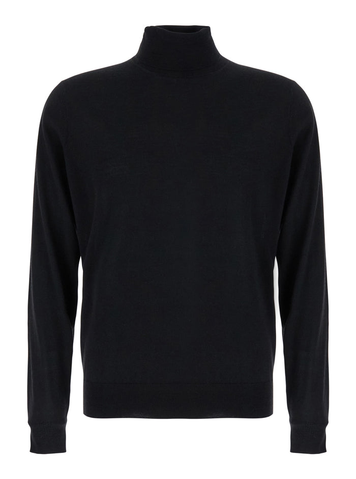 Black Turtleneck Sweater in Merino Wool and Silk Blend Man Merinos Cashmere Jersey