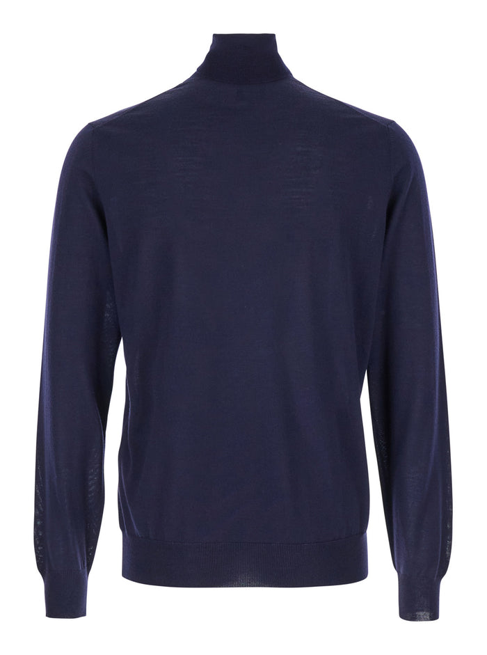 Navy Blue Turtleneck Pull with Rib Trim in Wool Man Gaudenzi Blu Virgin Jersey