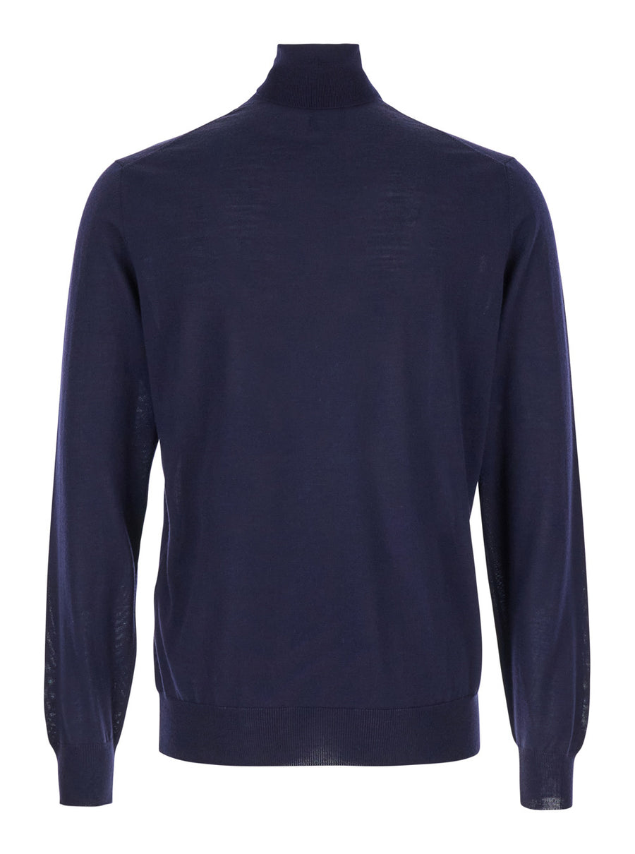 Navy Blue Wool Turtleneck Pullover Virgin Tops