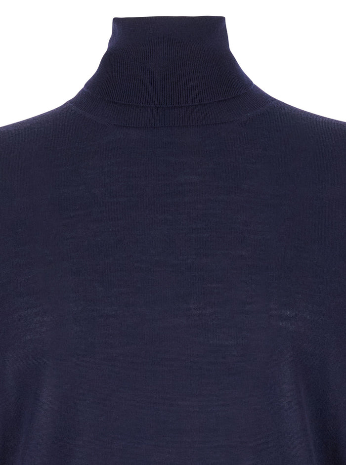 Navy Blue Turtleneck Pull with Rib Trim in Wool Man Gaudenzi Blu Virgin Jersey