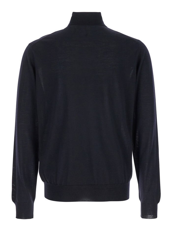 Blue Turtleneck with Long Sleeves in Wool Man Blu Virgin Jersey
