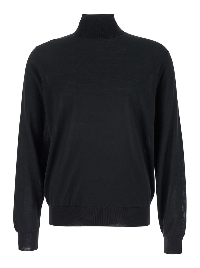 Black Turtleneck with Long Sleeves in Wool Man Virgin Jersey