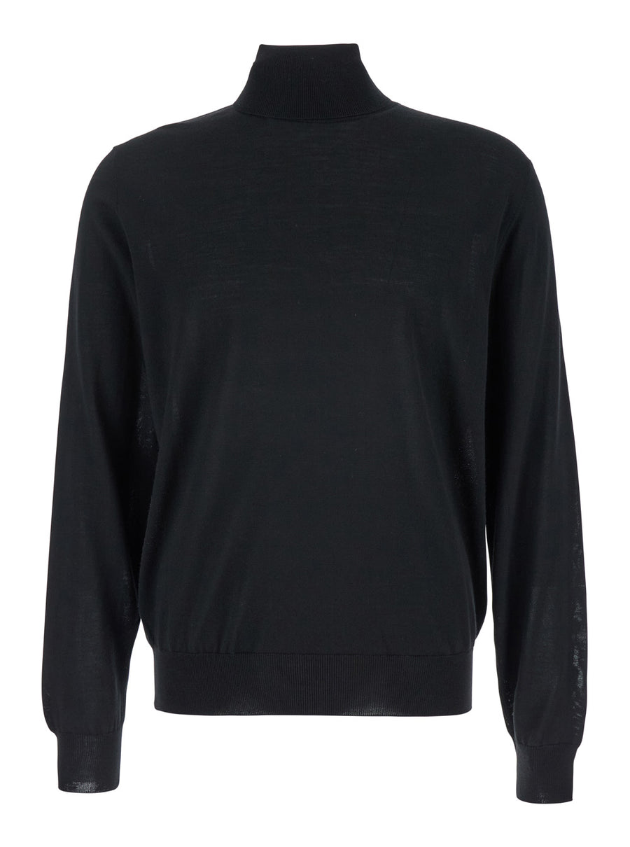 Black Wool Turtleneck Sweater For Men Virgin Tops