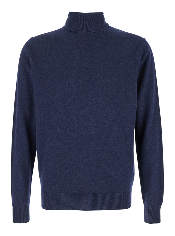 Blue Turtleneck Sweater in Merino Wool and Silk Blend Man Blu Merinos Cashmere Jersey